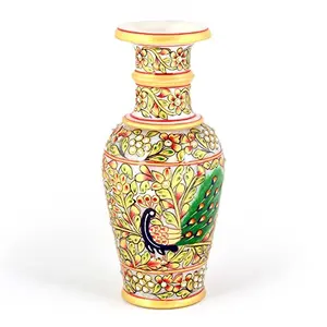 Little India Jaipuri Golden Minakari Peacock Design Flower Vase (401 White)