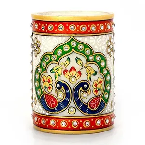 Little India Gold Meenakari Mayur Design White Marble Pen Stand (386 White)