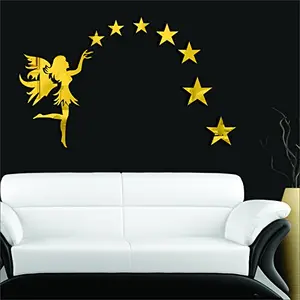 3D Acrylic Fairy with 7 Stars Mirror Wall Sticker (Golden) - Pack of 8