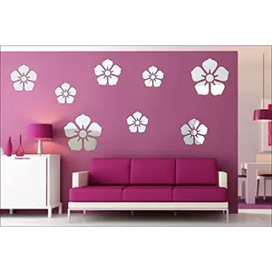 3D Acrylic Flower Wall Mirror Stickers (Silver)- Pack of 8