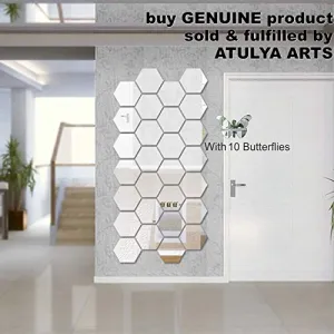 3D Hexagon Acrylic Decorative Wall-Stickers with 10 Butterfly Stickers(Silver) - Pack of 28