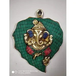 Offering (Gemstone Leaf Ganesh) Lord Ganesh on Leaf Wall Hanging Decorated with Multi Coloured Stones