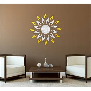 Silver Sun with Extra Falme (Pack of 25) (75 cm X 75 cm) With Small Golden Leaf 3D aCryliC stiCker 3D aCryliC stiCkers for wall 3D mirror wall stiCkers 3D aCryliC wall stiCker 3D deCorative stiCkers 3D aCryliC home wall deCor 3D aCryliC mirror stiCKers 3D