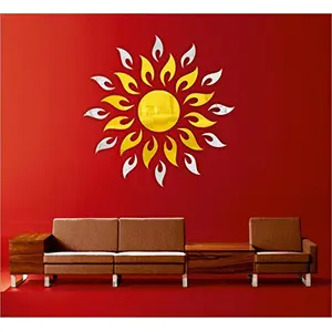 Golden Sun with Extra Falme (Pack of 25) (90 cm X 90 cm) With Small Silver Leaf 3D aCryliC stiCker 3D aCryliC stiCkers for wall 3D mirror wall stiCkers 3D aCryliC wall stiCker 3D deCorative stiCkers 3D aCryliC home wall deCor 3D aCryliC mirror stiCKers 3D
