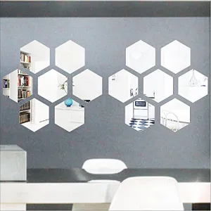 Hexagon wall stiCkers Silver (pack of 14) 3D aCryliC stiCker 3D aCryliC stiCkers for wall 3D mirror wall stiCkers 3D aCryliC wall stiCker 3D deCorative stiCkers 3D aCryliC home wall deCor 3D aCryliC mirror stiCKers 3D aCryliC mirror wall stiCkers for livi