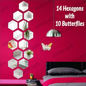 3D Hexagon Acrylic Stickers (Pack of 14) with 10 Butterflies Acrylic Mirror Wall Stickers for Home & Offices (Silver)
