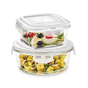 Borosil Klip N Store Set of 2 Microwave & Oven Safe Glass Storage Container 320ml Sqr & 400ml Rnd with Air Tight Lid