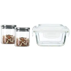 Borosil Classic Glass Jar For Kitchen Storage Set of 2 (600ml + 600ml) & Klip N Store Glass Food Container 320 Ml Square For Kitchen Storage With Air Tight Lid - M Combo