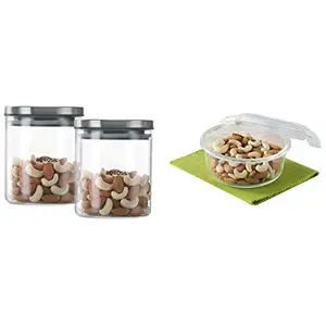 Borosil Classic Glass Jar For Kitchen Storage Set of 2 (600ml + 600ml) & Klip N Store Glass Food Container 400 Ml Round for Kitchen Storage with Air Tight Lid - Mi Combo