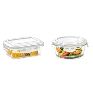 Borosil Icygchls104 Klip N Store Microwave & Oven Safe Glass Storage Container 1 L Rectangle Wi & Icygchrs400 Klip N Store Microwave & Oven Safe Glass Storage Container 400 Ml Round