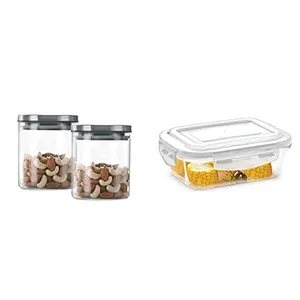 Borosil Classic Glass Jar For Kitchen Storage Set Of 2 (600 Ml + 600 Ml) & Icygchls104 Klip N Store Microwave & Oven Safe Glass Storage Container 1 L Rectangle Wi