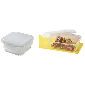 Borosil Klip N Store Glass Food Container 320ml Square For Kitchen Storage With Air Tight Lid - M & Klip N Store Glass Food Container 1 L Rectangle for Kitchen Storage with Air Tight Lid - M Combo