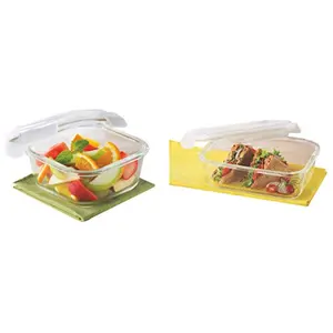 Borosil Klip N Store Glass Food Container 800ml Square For Kitchen Storage With Air Tight Lid - M & Klip N Store Glass Food Container 1 L Rectangle for Kitchen Storage with Air Tight Lid - M Combo
