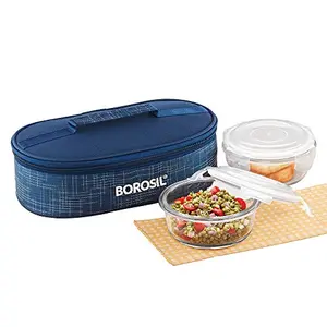 Borosil Indigo Glass Lunch Box Set of 2 400 ml Horizontal Microwave Safe Office Tiifin