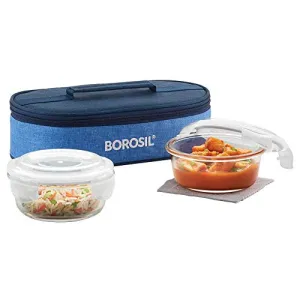 Borosil Prime Glass Lunch Box Set of 2 400 ml Horizontal Microwave Safe Office Tiffin