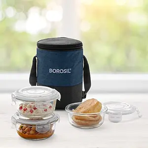 Prime Plus Borosilicate Glass Lunch Box - Set of 3 400 ml Round Break and Chip Resistant Microwave Safe Office Tiffin