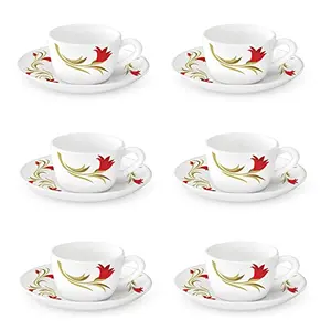 Borosil Red Lily (LH) Cup and Saucer Set 140ml 12-Pieces White and Red Lilly