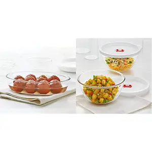Borosil Oval Baking Dish 700 ml Transparent + Basics Glass Mixing Bowl with lid - Set of 2 (900ml) Oven and Microwave Safe