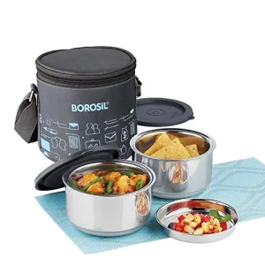 Borosil Carry Fresh Stainless Steel Insulated Lunch Box Set of 2 280ml Grey