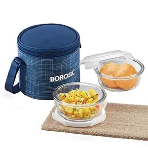 Indigo Glass Lunch Box Set of 2 400 ml Vertical Microwave Safe Office Tiifin