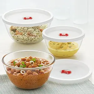 Borosil Basics Glass Mixing Bowl with lid - Set of 3 (500ml + 900ml + 1.3L) Microwave Safe