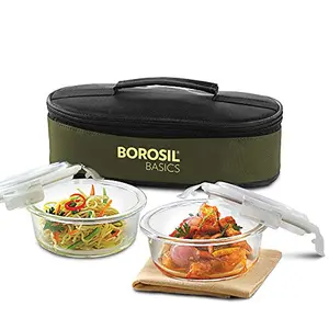 Borosil Basics Glass Lunch Box Set of 2 400 ml Round Horizontal Microwave Safe Office Tiffin