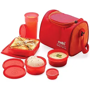 Cello Max Fresh Sling 5 Container Lunch Box With Bag Orange