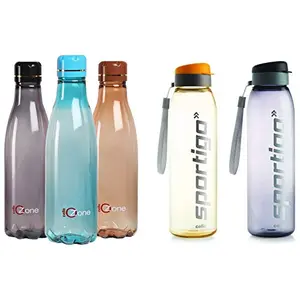 Cello Ozone Plastic Water Bottle 1 Litre Set of 3 Assorted & Sportigo Plastic Bottle Set 1 Liter Set of 2 Assorted Combo