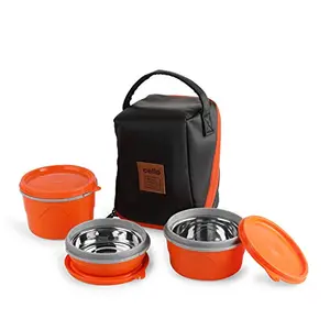 Cello Max Fresh Micro Insulated Lunch Box with Stainless Steel Inner 3-Pieces Orange