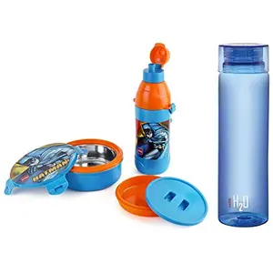 Cello Tiffy Gift Set Insulated Lunch Box + Water Bottle Inner Steel (Batman) & H2O Unbreakable Plastic Bottle 1 Litre Assorted Color Combo