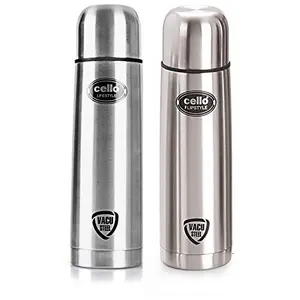 Cello Lifestyle Stainless Steel Flask 1000ml & Flip Style Stainless Steel Bottle with Thermal Jacket 500ml Silver Combo