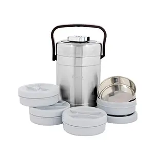 Polo Lifetime HOMEISH Stainless Steel 4 Layer Vacuum Insulated Microwave Safe Leakproof Portable Lunch Box (Silver 4 Containers x 300ml Each Outer Shell of 2200 ml Approx)