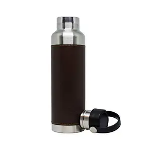 HOMEISH Polo Lifetime Vacuum Insulated Hot Cold Stainless Steel Bottle/Flask with Leatherette Sleeve Exterior (700ml) (Dark Brown)