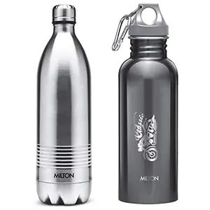 MILTON Thermosteel Duo Deluxe-1000 Bottle Style Vacuum Flask 1 Litre Silver + Alive 750 Stainless Steel Water Bottle 750 ml Black