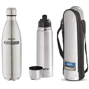 MILTON Thermosteel Flip Lid Flask 1 Litre Silver and Duo Deluxe-1000 Bottle Style Vacuum Flask 1 Litre Silver Combo