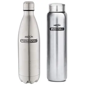 MILTON Thermosteel Duo Deluxe-1000 Bottle Style Vacuum Flask 1 Litre Silver + Aqua Single Walled Stainless Steel Fridge Water Bottle 930ml Silver Combo