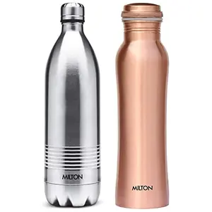 MILTON Thermosteel Duo Deluxe-1000 Bottle Style Vacuum Flask 1 Litre Silver + Copperas 1000 Copper Bottle 920 ml 1 Piece Copper