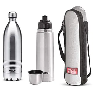 MILTON Thermosteel Duo Deluxe-1000 Bottle Style Vacuum Flask 1 Litre Silver + Thermosteel Flip Lid Flask 750 milliliters Silver