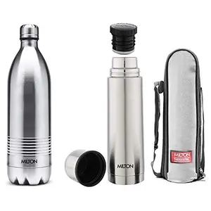 MILTON Thermosteel Duo Deluxe-1000 Bottle Style Vacuum Flask 1 Litre Silver + Thermosteel Plain Lid Flask 500 Steel Colour