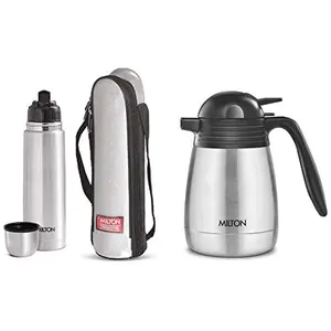 MILTON Thermosteel Flip Lid Flask 1000 milliliters Silver & Thermosteel Carafe 1 Litre Silver Combo