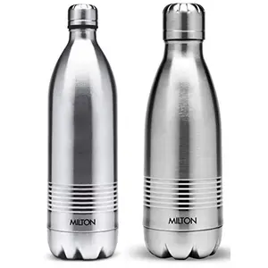 MILTON Thermosteel Duo Deluxe-1000 Bottle Style Vacuum Flask 1 Litre Silver + Duo DLX 350 Bottle 350 ml Silver
