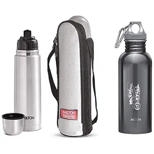 MILTON Thermosteel Flip Lid Flask 1000 millilitres Silver & Alive 750 Stainless Steel Water Bottle 750 ml Black Combo