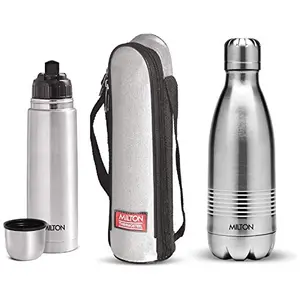 MILTON Thermosteel Flip Lid Flask 500 millilitres Silver & Duo DLX 350 Bottle 350ml Silver Combo