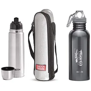 MILTON Thermosteel Flip Lid Flask 500 millilitres Silver & Alive 750 Stainless Steel Water Bottle 750 ml Black Combo