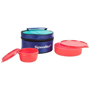 Signoraware New Classic Round Small Plastic Lunch Box Set with Bag 2-Pieces Red