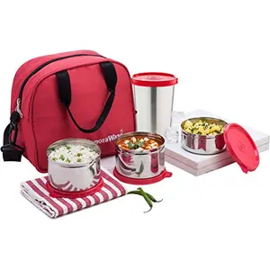 Signoraware Sling Steel Lunch Box with Steel tumbler Set of 4 500ml+500ml+350ml+370ml Red