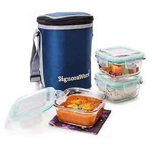 Signoraware Director High Borosilicate Bakeware Safe Glass Lunch Box Set with Bag 320ml+320ml+320ml 3-Pieces Transparent