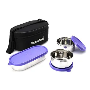 Signoraware Stainless Steel Double Decker Special Lunch Box with Black Bag Violet 350ml+350ml+650ml - Set of 3