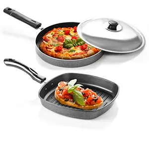 SUMEET Aluminium Nonstick Funky Junior Combo Set 1 Grill 1 Pizza Pan with S. S. Lid (Silver )