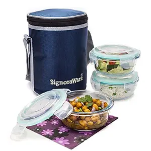 Signoraware Executive High Borosilicate Bakeware Safe Glass Lunch Box Set with Bag 400ml+400ml+400ml 3-Pieces Transparent